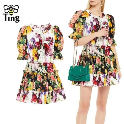 Tingfly Vintage Fashion Floral Printing Summer Slash Neckline Mini Short Dresses Ruched Elastic High Waist Vestidos Traf Tide