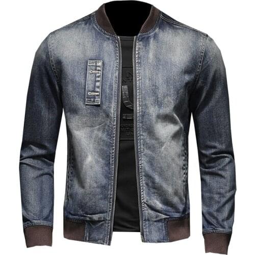 Mens Baseball Fashion Vintage Denim Jeans Jacket Spring Autumn Stand Collar Casual Coat For Men S-4XL