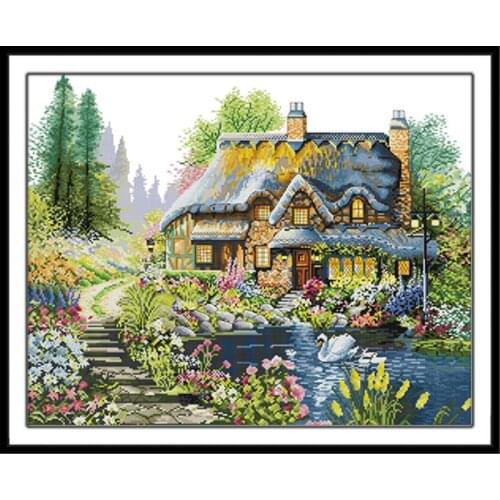 Villa in the Forest Cross Stitch Kit DMC 14ct 11ct Count Print Canvas Cross Stitch Needlework Embroidery DIY Handmade Decoration