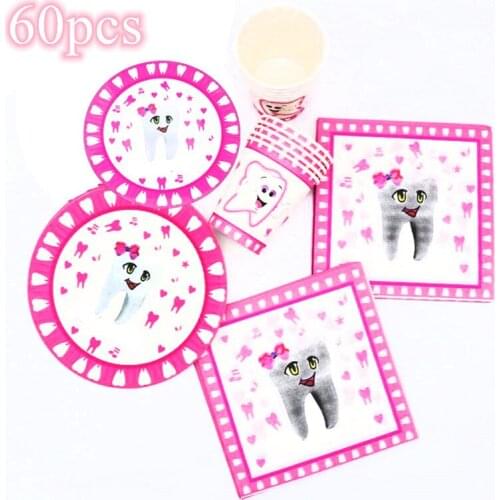 60pcs Pink Teeth Birthday Party Bundles for 20 People First Tooth Disposable Plates Cups Napkins Girls Party Tableware