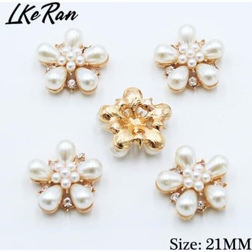 NEW 10Pcs/lot 21MM Flower Ivory Color Pearl Rhinestone Buttons Gold Metal DIY Wedding Decoration Center Scrapbooking Accessories