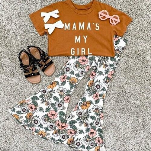 New Kids Baby Girls Clothes Set Summer Girls Short Sleeve Letter T Shirt Floral Flared Pants Casual Children Outfits Set 1-6Y