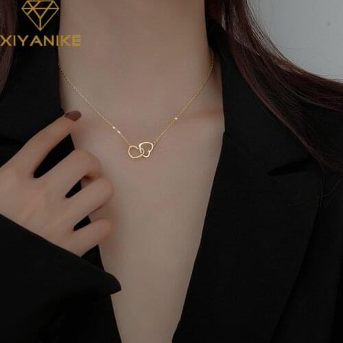 XIYANIKE 925 Sterling Silver New Love Double Heart-shaped Connected Hollow Pendant Necklace Light Luxury Female Clavicle Chain