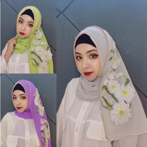 New Women chiffon Long Hijab Scarf Muslim Lady Applique Hijab Caps Islam Turkish Turban Beaded Selvedge Shawl Headscarves