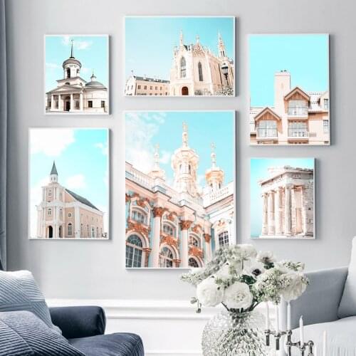 Nordic Posters And Prints Blue Sky White Clouds Old Building Church Wall Art Canvas Painting Wall Pictures For Living Room Decor