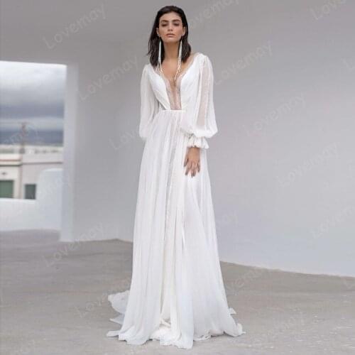 Simple Chiffon Beach Wedding Dresses 2021 Long Sleeves Lace A Line Formal Bohemia Boho Bridal Gowns for Bride Vestidos De Novia