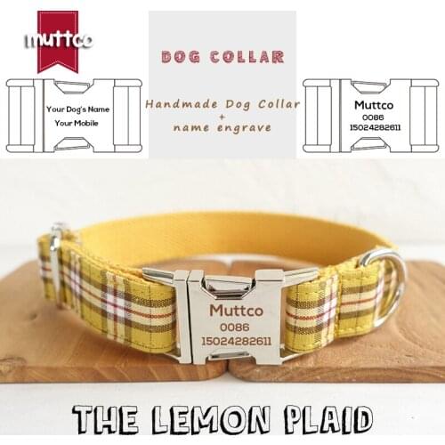 MUTTCO retailing engraved dog collar with personalized nameplate soft dog collar handmade THE LEMON PLAID 5 sizes collar UDC057