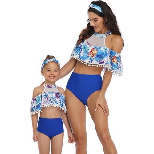 Family Matching Swimsuits Princess Mom Daughter Printed Parent-child high-waist sexy bathing suits seaside swimming