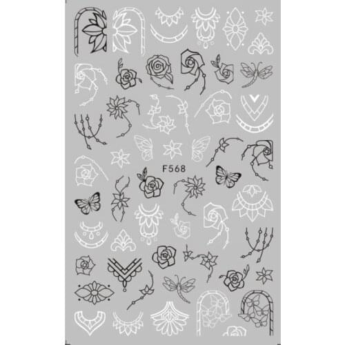 SUPER THIN SELF ADHESIVE 3D NAIL ART NAIL SLIDER STICKER BLACK WHITE TROPICAL PLANT VINTAGE FLORID PATTERN TRIANGLE F554-563