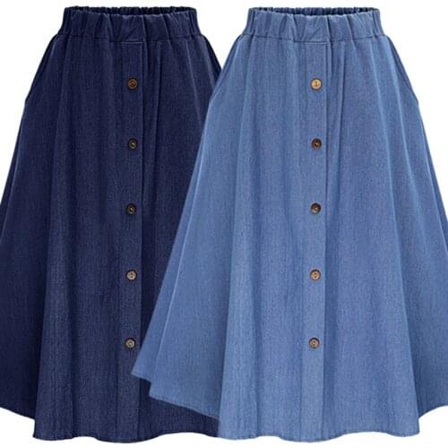 Fashion Korean Preppy Style Denim Skirts Women Solid Color Long Skirt Nature Waist Female Big Hem Casual Button Jean Skirt