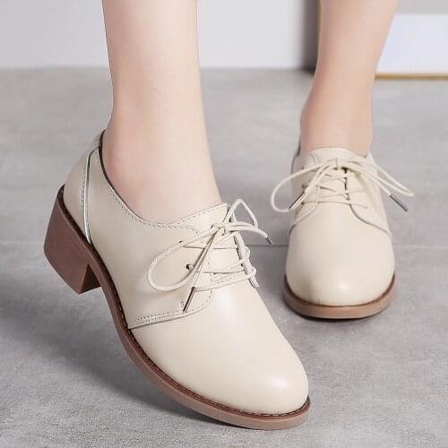 Womens Shoes Casual Leather Shoes 2021 Spring New Genuine Leather Womens Thick-heeled Single Shoes Fashion Lace up Flat Shoe