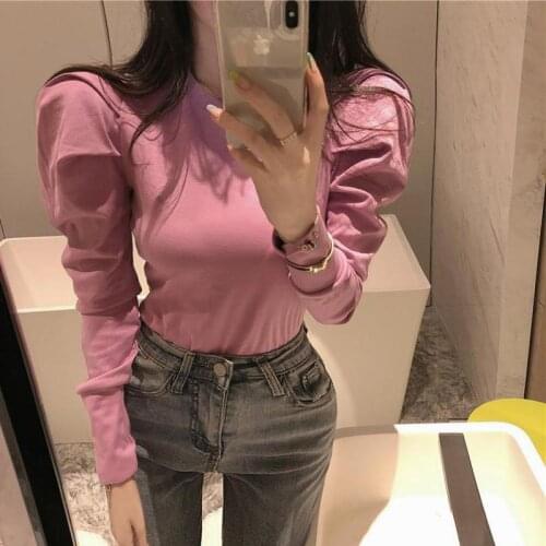 Autumn Long Puff sleeve Vintage Tops Women O Neck Korean Blosue Shirts Solid Color Streetwear Shirts Femme