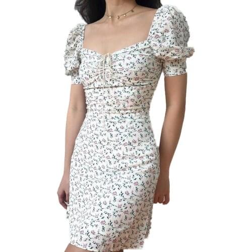 Ladies Floral Dress White Floral Sexy White Dress Elegant Fluffy Sleeve Dress Summer Dress Slim Dress Womens Floral Dress White