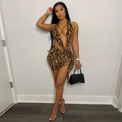 2021 Women New Summer Sexy Leopard Print Yellow Open Back Neck Dress Skirt Dresses Woman Party Night
