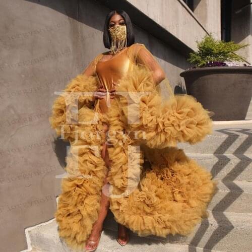 Gold Long Puffy Party Dress Fashion Long Sleeve Open Front Tulle Robes African Girls Party Dress Maternity Dresses Photography