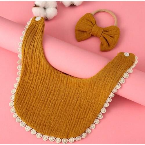 2Pcs Baby Bibs Bows Headband Set Cotton Muslin Gauze Lace Bib Baby Stuff for Newborns Toddler Saliva Towel Feeding Burp Cloths