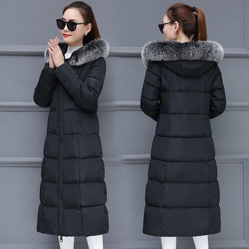 2021 Winter Plus Size Cotton Coat Women Korean Slim Long Down Jacket Cotton Womens Large Removable Fur Collar Thick Warm Parkas