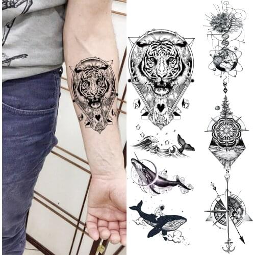 3D Realistic Geometric Tiger Temporary Tattoos For Men Women Whale Compass Universe Fake Tattoo Body Art Decoration Tatoos Paper