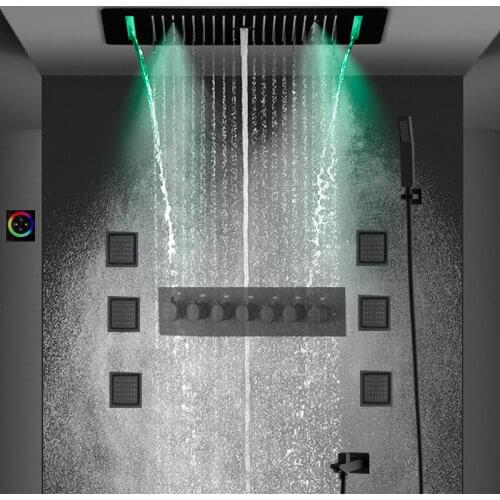 6 Functions Black Shower Set Column Concealed Showerhead Rainfall Misty Waterfall Body jets Thermostatic High Flow Mixer