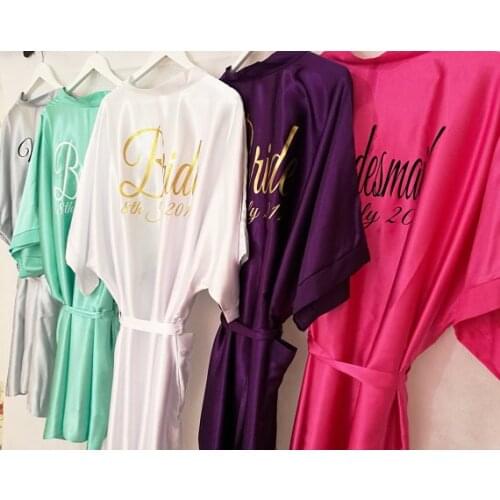 Customized save the date wedding Bride Bridesmaid satin silk pajamas robes Bachelorette kiminos Dressing Gowns party gifts