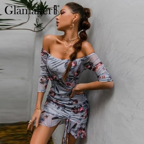 Glamaker Bohemia mesh ethnic vintage printed holiday dress Ruffles off shoulder bodycon dress Summer Y2K new super elastic dress