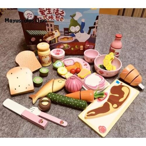 Western Dinner Wooden Simulation Kitchen Play House Childrens Magnetic Cut Music Wooden Toys Cut To See