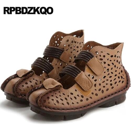 Designer Booties Genuine Leather Closed Toe Boots Ladies Summer Strap Brown Ethnic Sandals Harajuku Women Shoes 2018 Spring Flat