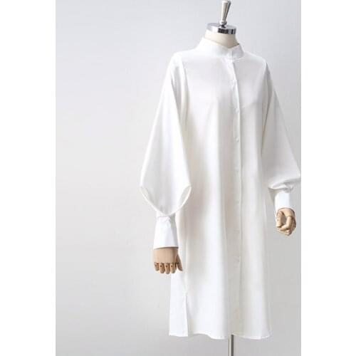 Long Chiffon Women Shirts Autumn New 2021 Lantern Sleeved Loose Turtleneck Office Lady Elegant Outwear Coats Tops