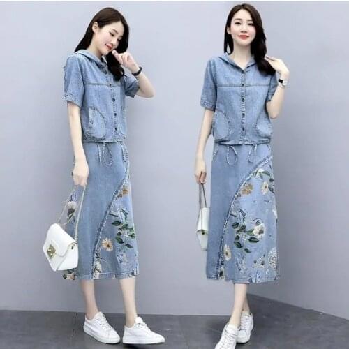 Denim Skirts Set Womens Summer 2021 New Long Skirt Suit Hooded Printing Female Outfit Short-Sleeved Jeans Outfit Ladies A133