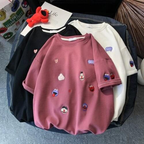 HK style round neck small fresh half sleeve top Loose South Korean matching t-shirts man summer Couples oversized t shirt