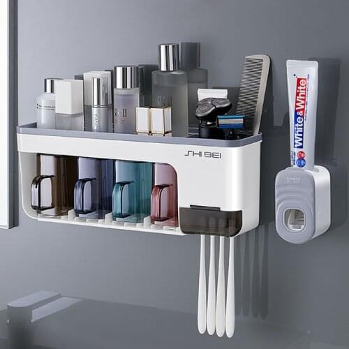 GURET Multifunction Toothbrush Holder Wall-Mounted Storage Shelf Automatic Toothpaste Squeezer Dispenser Bathroom Accessories