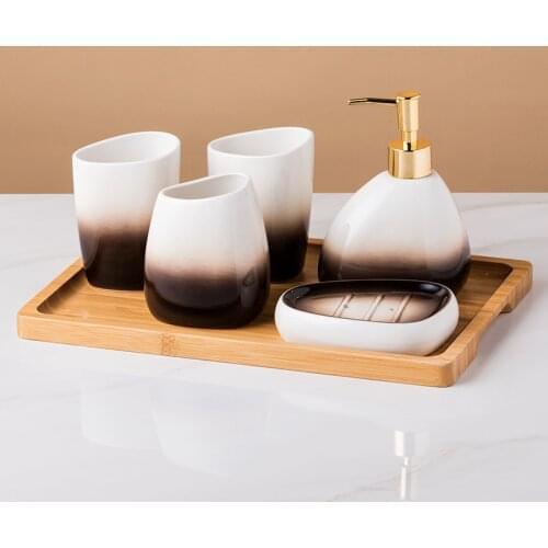 Gradient Color Ceramic Bathroom 6-Piece Cleaning Set Toothbrush Cup Lotion Dispenser Soap Dish Toothbrush Holder Wooden Tray