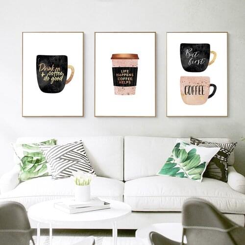 Coffee Cups Canvas Poster Nordic Wall Art Perfume with Gold Letter Print Painting Decoration Picture Home Decor Framed
