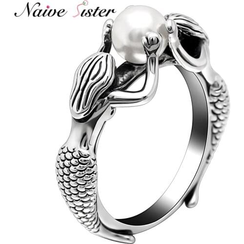 High Quality Two Mermaids with Pearl Rings For Women Bride Wedding Engagement Jewelry Ladies Antique Silver Color Love Gifts
