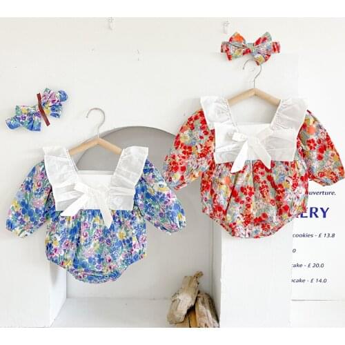 Infant Baby Girls Jumpsuit Flower Cotton Long Sleeve Spring Autumn Baby Girls Clothes Toddler Baby Girl Romper+Hair band