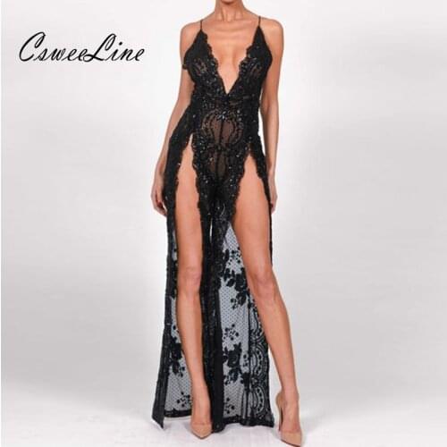 Fashion Double Split Sequin Mesh Sexy Jumpsuit Deep V Strap Mesh Slit Overall Summer Women Romper Runway Jumpsuits Body Feminino