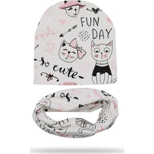 Cotton Printing Baby Hat Scarf Set Cartoon Animal Baby Cap Scarf Winter Kids Caps Bee Kitty Fox Children Hats For Boys And Girls