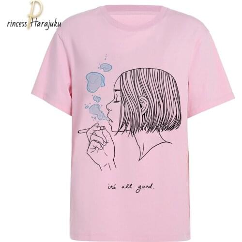 2020 Summer Women Pink T-shirts Casual Harajuku Dual Personality Girl Printed Top Female T Shirt Short Sleeve Ropa Mujer Clothes