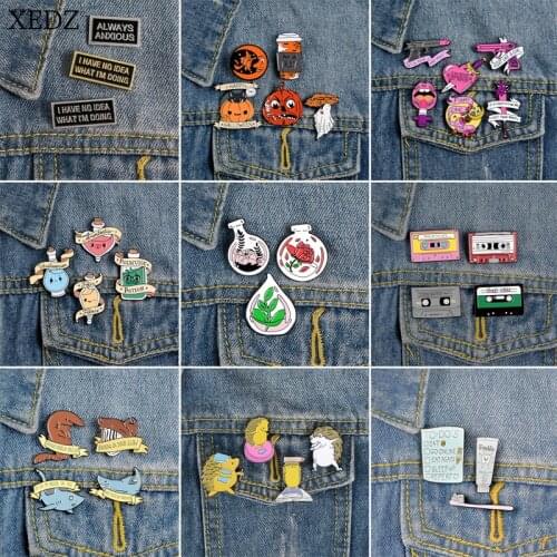 XEDZ Best selling pumpkin ghost chemical potion vase hedgehog shark tape love pistol set brooch denim pendant jewelry gift