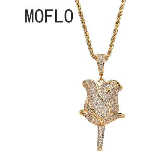 MOFLO European and American Personalise Rose Pendant with 24'' Rope Chain Copper CZ AAA Zircon Hip-hop Charm Necklace
