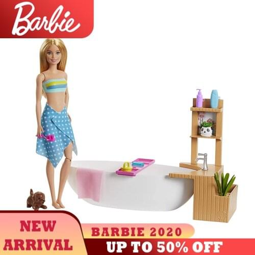 Original Barbie Brand Kid Toy 2020 Newest Fizzy Bath Doll Playset Wash Accessories Funny Family Day Birthday Present GJN32 Toys