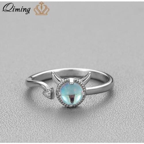 QIMING Silver Devil Rings For Women Blue Stone Gemstone Adjustable Finger Toe Crystal Statement Ring Girls Gift