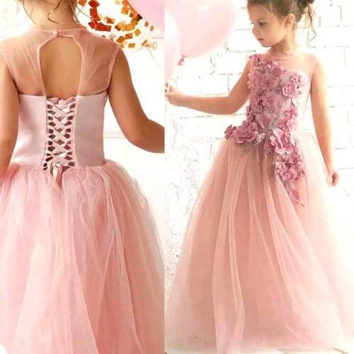 Luxurious Pink Flower Girl Dresses Beaded Satin Little Princess Dresses O Neck Sleevless Gown Appliques Floor Length Dresses