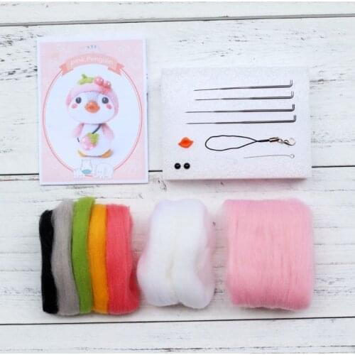 Pink Penguin Wool Felt Craft DIY Unfinished Poked Set Handcraft Kit for Needle Material Bag Pack Handmade E56C