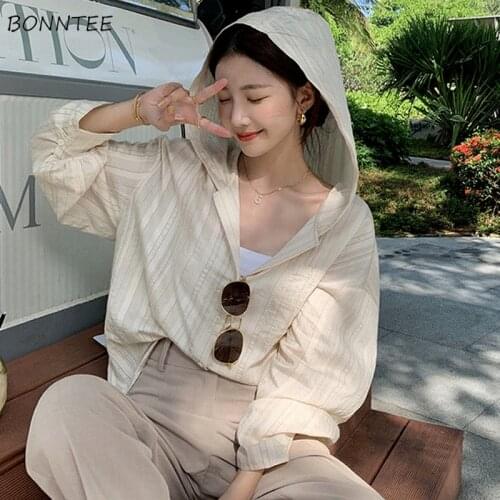 Shirts Women Solid Hooded Long Sleeve Summer Sunscreen All-match Stylish Leisure Korean Version Loose Harajuku Feminino Clothing