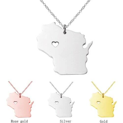 SUTEYI Fashion Sliver Color Wisconsin State Necklace Charm Shaped Map Necklaces United States Pendant With A Heart