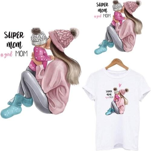 Pulaqi Super Mom& Baby Thermal Transfers Stickers On Clothes DIY Tshirt Woman Heat-sensitive Iron On Patches For Hoodies Decor