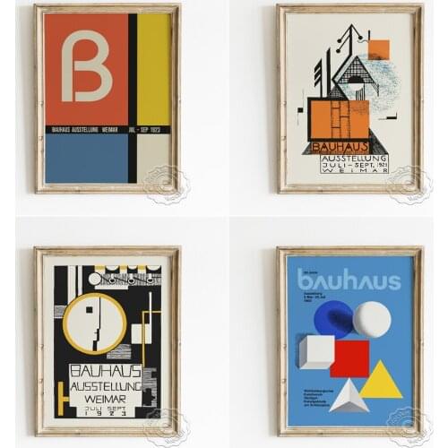Vintage Bauhaus Style Exhibition Poster, Solid Geometry Shapes Collection Canvas Painting, Abstract Wall Picture Gift Home Decor