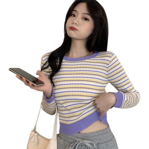 Womens t-Shirts Round Neck Stripe Female t-Shirt Korean Style Autumn Sweet Long-Sleeved Knitted Top