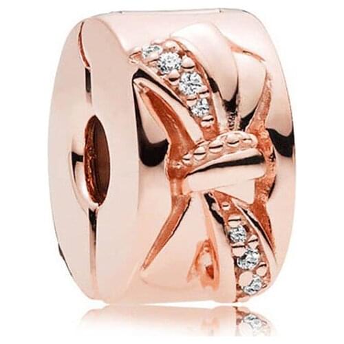 100% 925 Sterling Silver Charm Rose Gold Round Bow Clip Fit Pan Women Bracelet & Necklace Diy Jewelry
